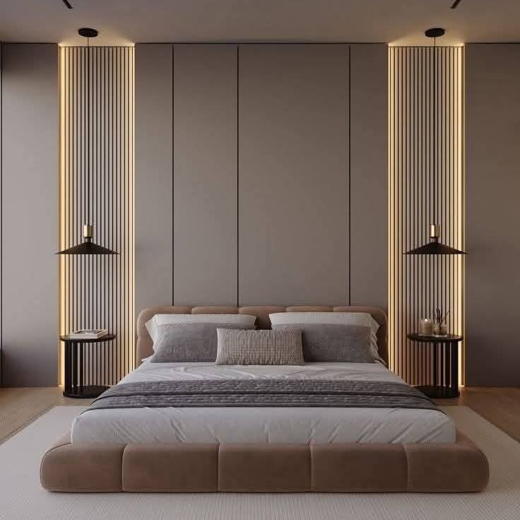 louvers wall design - A minimal ceiling with warm vertical LED strips enhancing the modern bedroom backdrop. by Aamir Enterprises S, POP Ceiling & False Ceiling Contractor in Bhopal, Madhya Pradesh